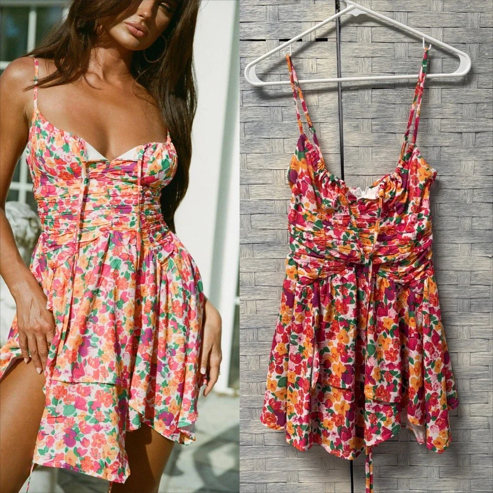 Princess Polly Barrett Mini Dress Multi Womens 2 Floral Ruched‎ Lower Impact - Picture 2 of 6